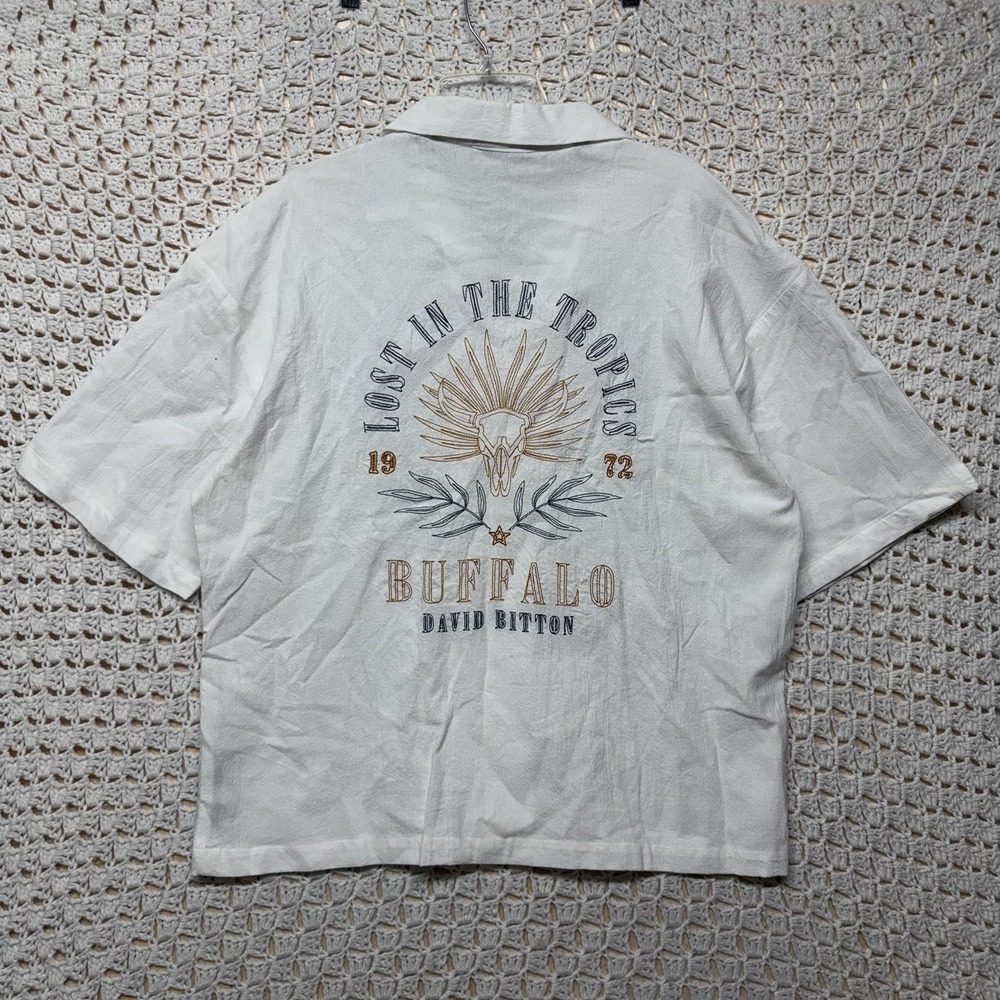 NWT Buffalo David Bitton Shirt Mens M White Tropics 1972 Skull Camp Embroidery